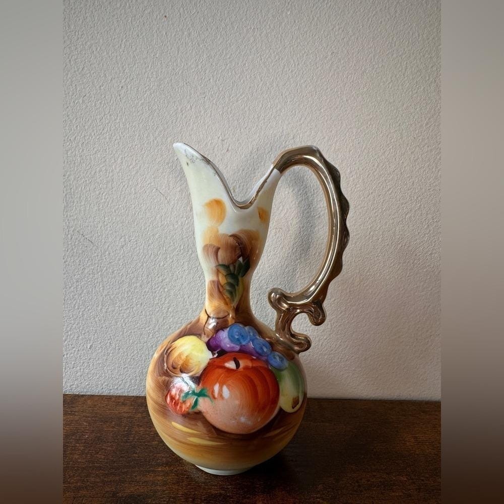 Vintage Enesco E2350 Porcelain Pitcher Vase Hand Painted Fruit Gold Handle Japan